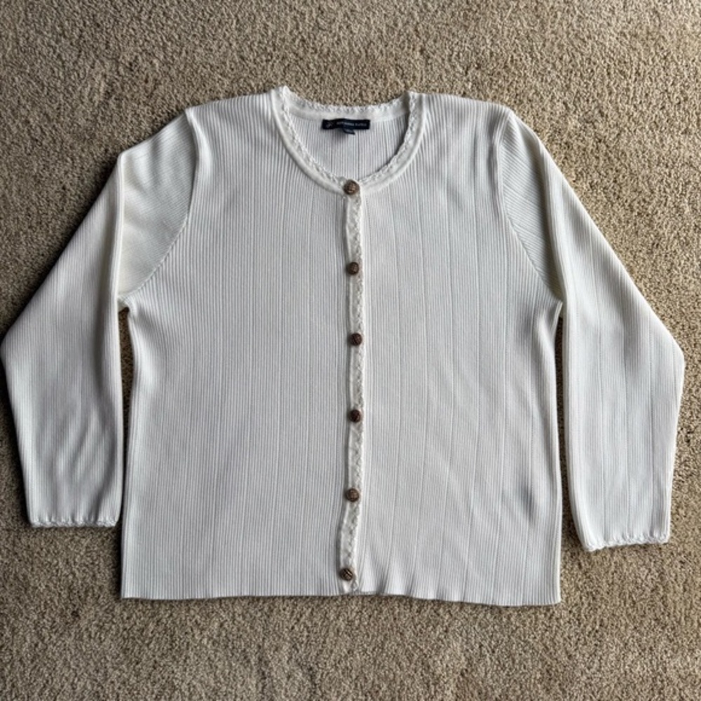 Adrianna Papell Ribbed Cardigan Top White Button Front Long Sleeve Size L